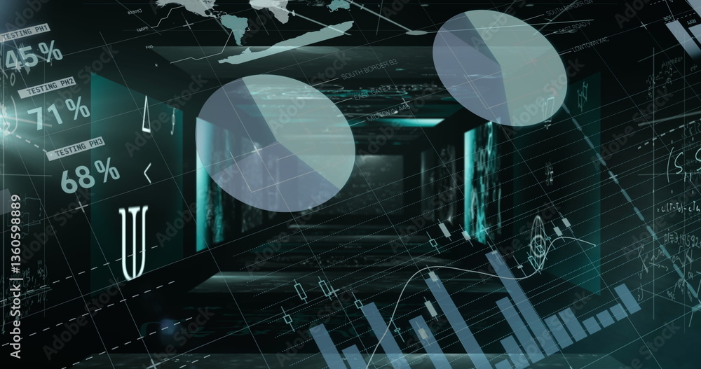 Poster statistical data processing against screens with mathematical equations on green background