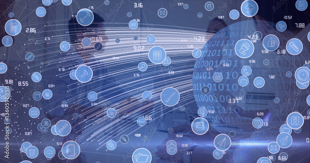 Poster network of digital icons over binary coding on globe against businesspeople discussing at office