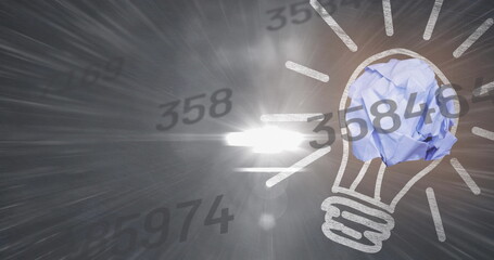 Digital image of multiple changing numbers and light bulb against spot of light