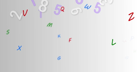 Digital image of multiple changing numbers and alphabets floating against grey background