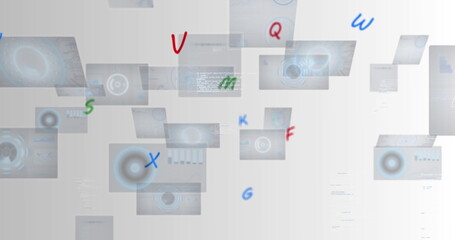 Image of numbers changing and data processing over screens on white background