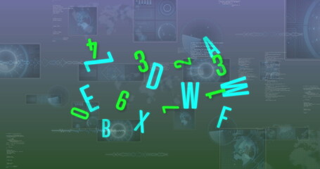 Image of numbers changing and data processing over screens on grey background