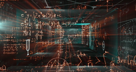 Mathematical equations floating against screens with mathematical symbols on green background