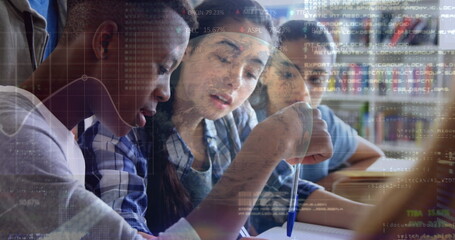 Stock market data processing against group of students studying together at library