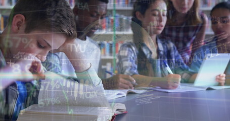 Stock market data processing against group of students studying together at library