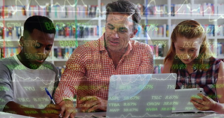 Stock market data processing against male teacher teaching group of students using computer