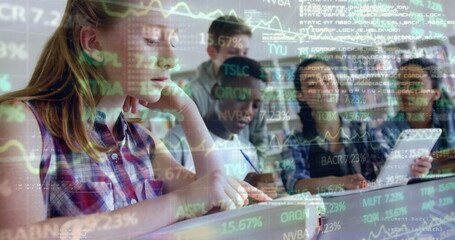 Stock market data processing against group of students studying together at library