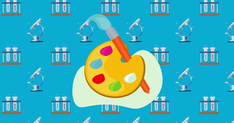 Paint brush and color palette icon against microscope and test tubes icons on blue background
