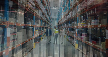 Image of financial data processing over men working in warehouse