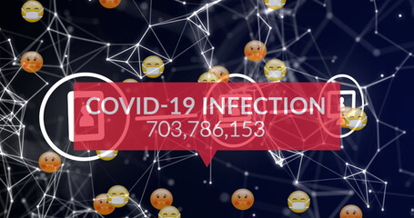 Image of text covid 19 infection and rising numbers on red, over network and emoticons, on black