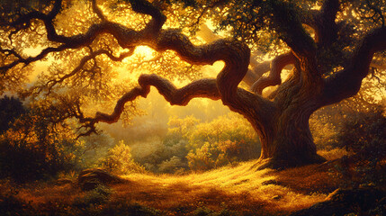 The golden light of late afternoon filters through the leaves of an ancient oak tree, casting a warm, inviting glow over the peaceful forest floor