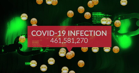 Image of text covid 19 infection and rising numbers on red, over data and emoticons, on black