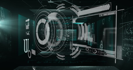Round scanner and data processing against screens with mathematical equations on green background