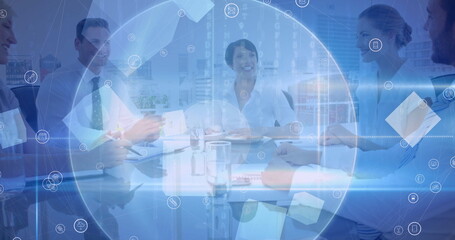 Scope scanning over network of digital icons against businesspeople shaking hands at office