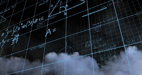 Mathematical equations over grid network against smoke effect on black background