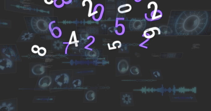 Digital image of multiple changing numbers against round scanners and data processing