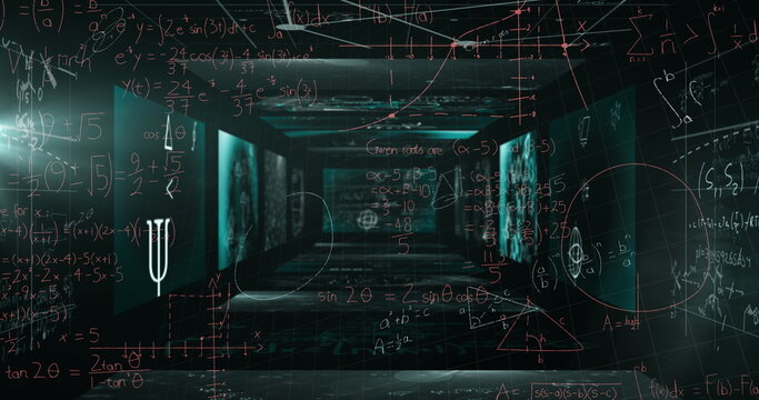 Mathematical equations floating against screens with mathematical symbols on green background