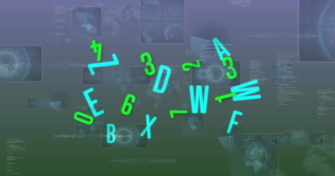 Image of numbers changing and data processing over screens on grey background