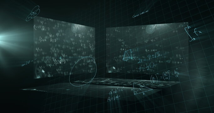 Mathematical equations floating against screens with mathematical symbols on green background