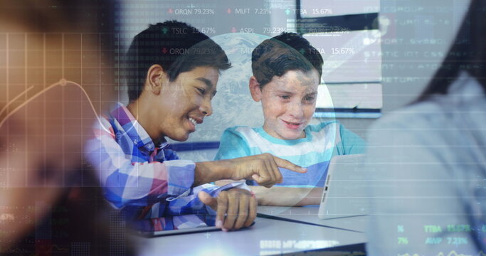 Stock market data processing against two male diverse students using digital tablet in class