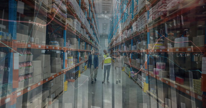 Image of financial data processing over men working in warehouse