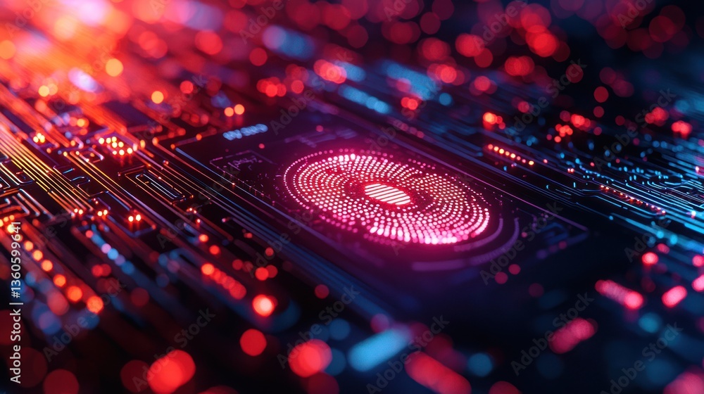 Poster futuristic circuit board with holographic fingerprint scan