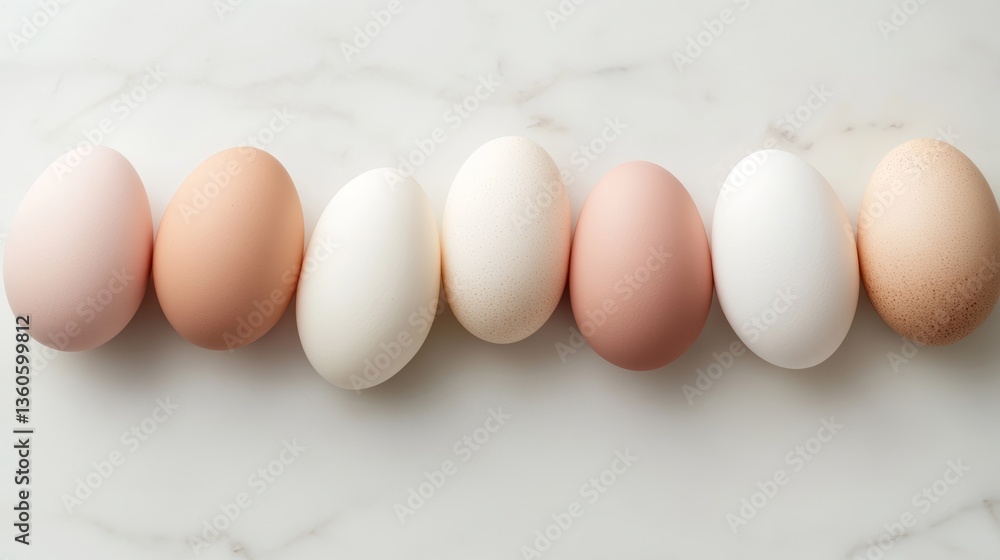Poster different types of eggs arranged in a row on a marble surface showcasing their varied colors and tex