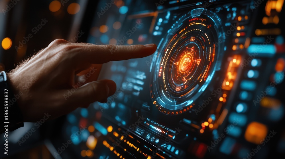Poster hand interacting with futuristic hud display
