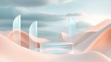 A dreamy pastel scene featuring rolling dunes in pale peach and sky blue, intersected by abstract, curved arches. The minimalist podium, made of translucent material, sits at the center.