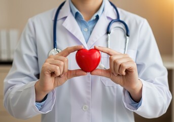 A close-up of a female doctor in a white coat holding a small red heart between her fingers symbolizing love and care