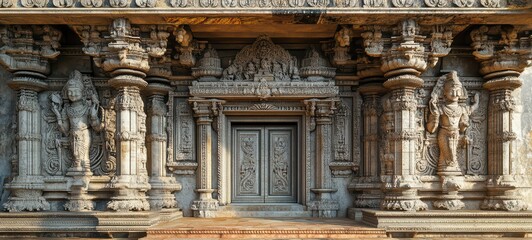 Fototapeta premium A Hindu temple entrance decorated with intricate carvings crisp edges