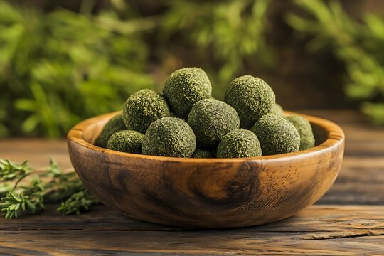 a wooden container loaded with dried thyme balls kekik bilye waits on a wood face the little greenish spheres show their distinct style and fresh fragrance  
