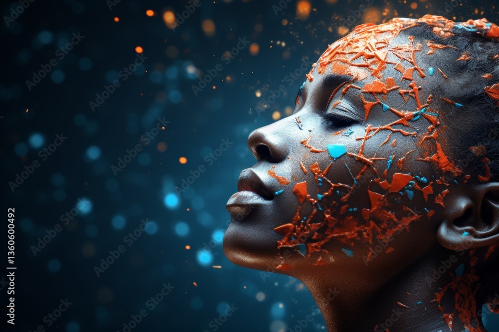 Poster glowing human head silhouette with ai nodes amidst a cyberpunk space background and fractal patterns