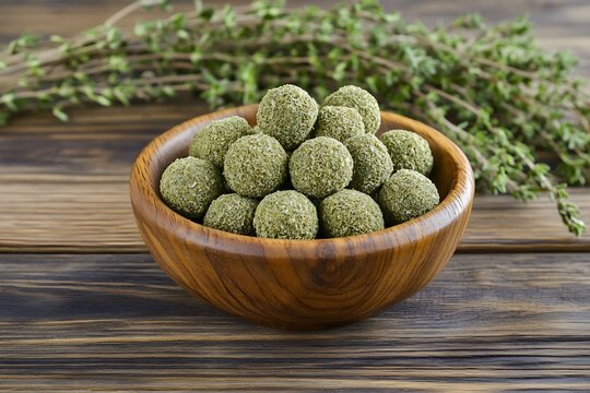 a wooden bowl packed with dried thyme balls kekik bilye rests on a wood base its small green spheres highlight their distinct form and fragrant charm  
