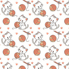 Adorable Seamless Cat Pattern with Wool Thread Skeins  Cute Art Print Design
