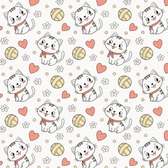Adorable Seamless Cat Pattern with Wool Thread Skeins  Cute Art Print Design