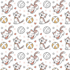 Adorable Seamless Cat Pattern with Wool Thread Skeins  Cute Art Print Design