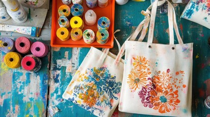 A cozy crafting table setup showcasing hand-decorated Mother's Day tote bags with fabric paint and stencils