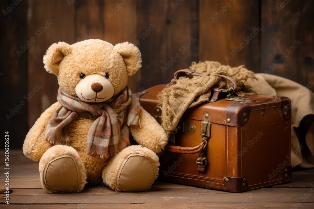 Poster Close up of a soft toy placed on a glossy dark wooden table with a softly blurred background