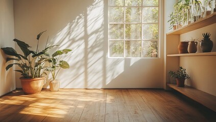 Sunlight streams through a window, illuminating a room with potted plants and hardwood floors. A peaceful, minimalist aesthetic.