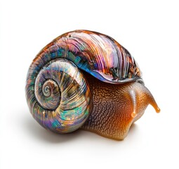 Fototapeta premium Close Up of Snail with Iridescent Shell on White Background