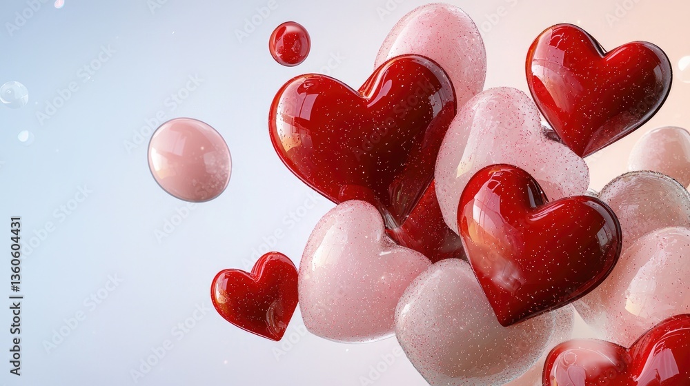 Poster romantic background with red hearts in different sizes, creating a soft pink love theme.