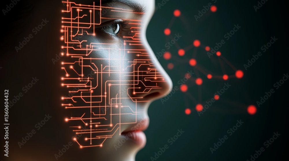 Poster exploring the intersection of technology and humanity through digital art of a face with circuit pat