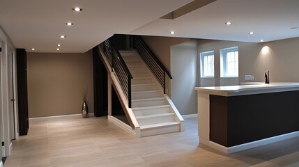 finished basement with staircase, bar area, neutral tones and contemporary design elements throughout