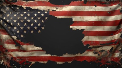 Distressed national flag with tattered edges and a central void, evoking a sense of decay and loss