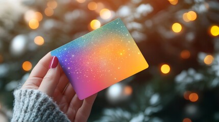 Hands are seen holding an assortment of colorful gift cards featuring Christmas patterns, set against a backdrop of twinkling fairy lights, conveying a festive holiday shopping theme