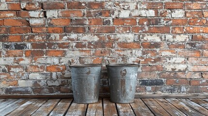 Two weathered buckets against a distressed brick wall on aged wooden planks