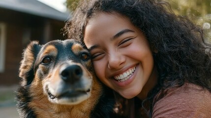 This image features a happy person posing for a picture with their dog.