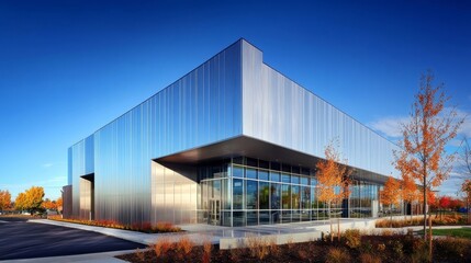 Obraz premium modern structure with glass facade and autumn foliage under a bright blue sky in daytime