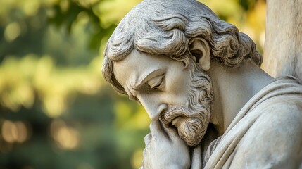 Obraz premium contemplative sculpture of a bearded figure with head bowed in thought against a blurred background